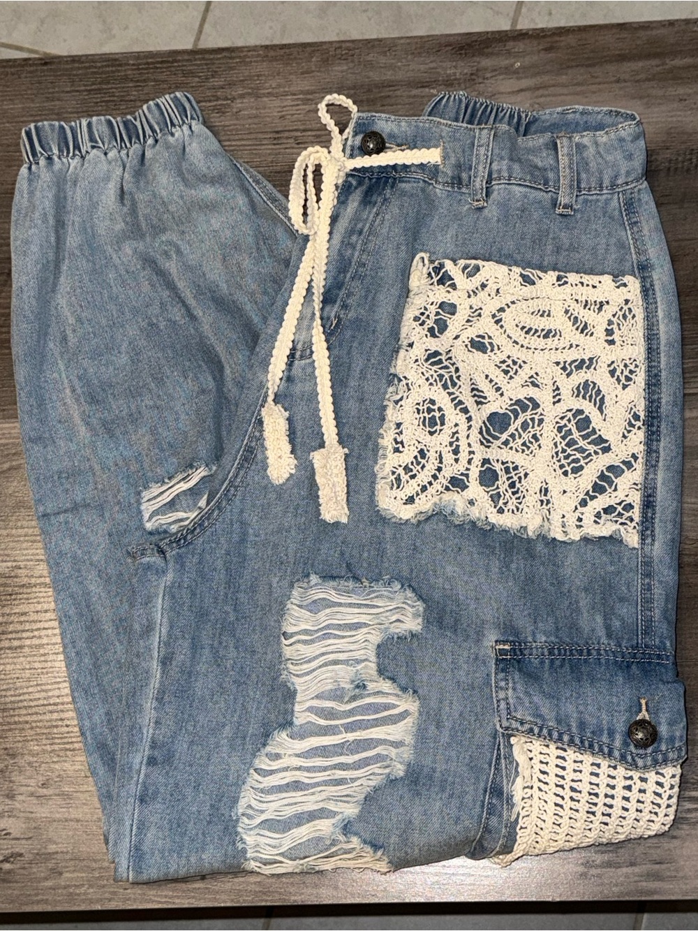 POL Distressed Lace Net Drawstring Medium Wash Denim Jogger Jeans